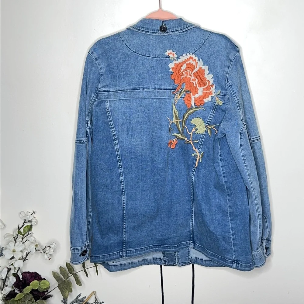 Anthropologie Light Blue Denim Jacket with Orange Floral Embroidery